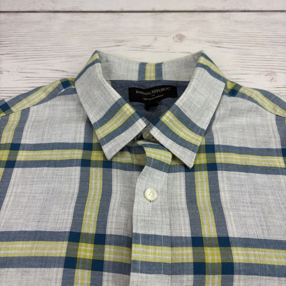 Banana Republic Men's M Soft Wash Long Sleeve Shirt Slim Fit Blue Yellow Plaid